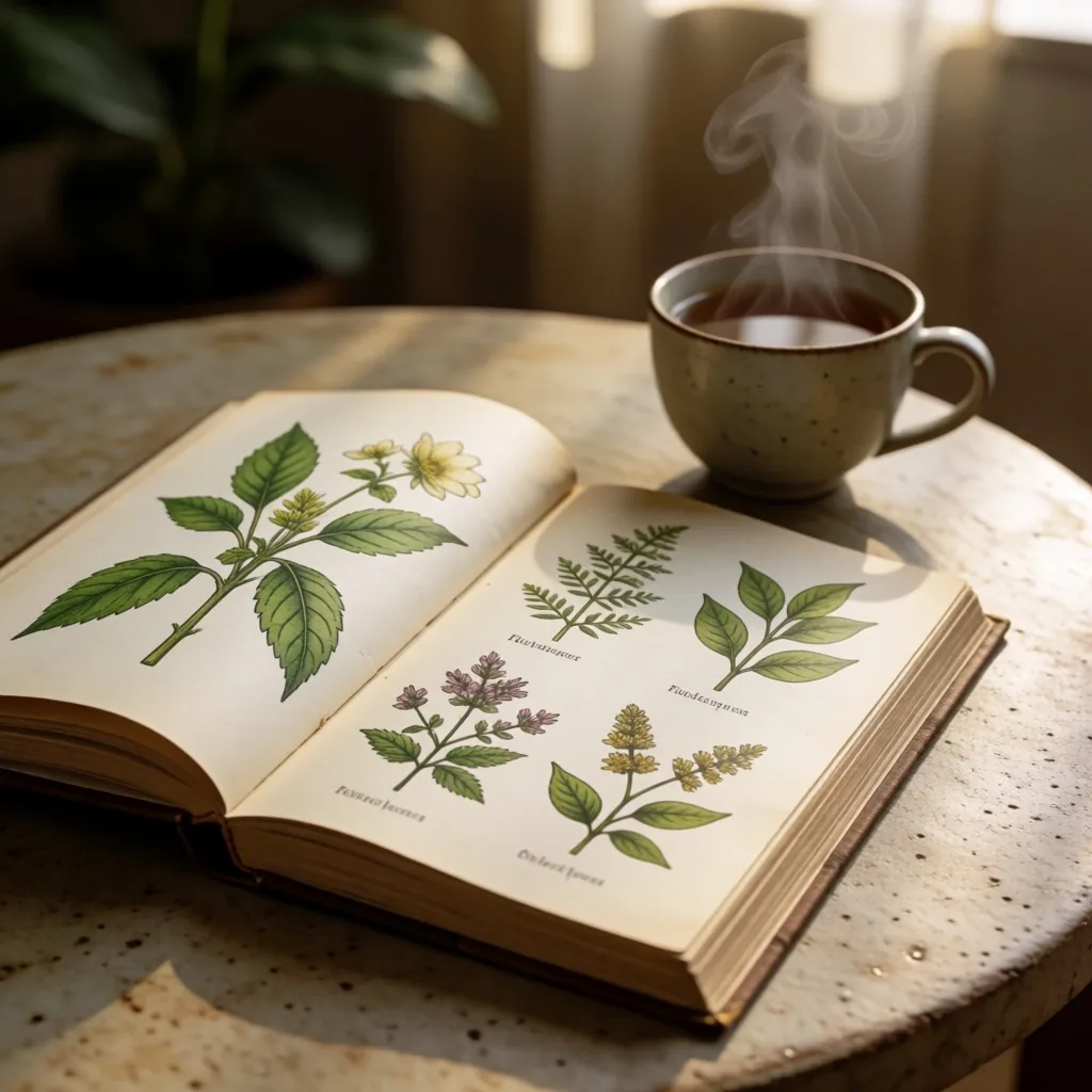 Open botanical reference book with herbal tea on a ceramic surface