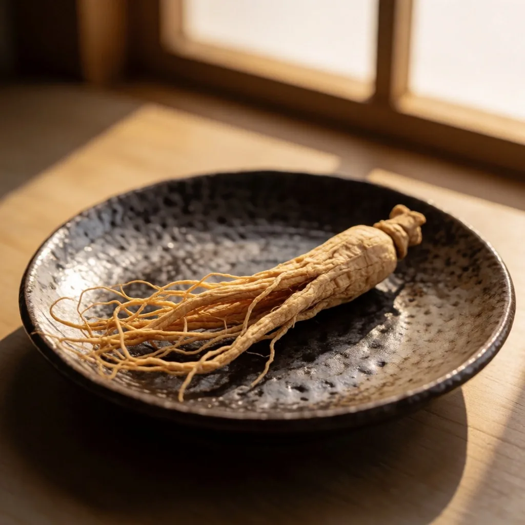 Dried ginseng root on a ceramic plate