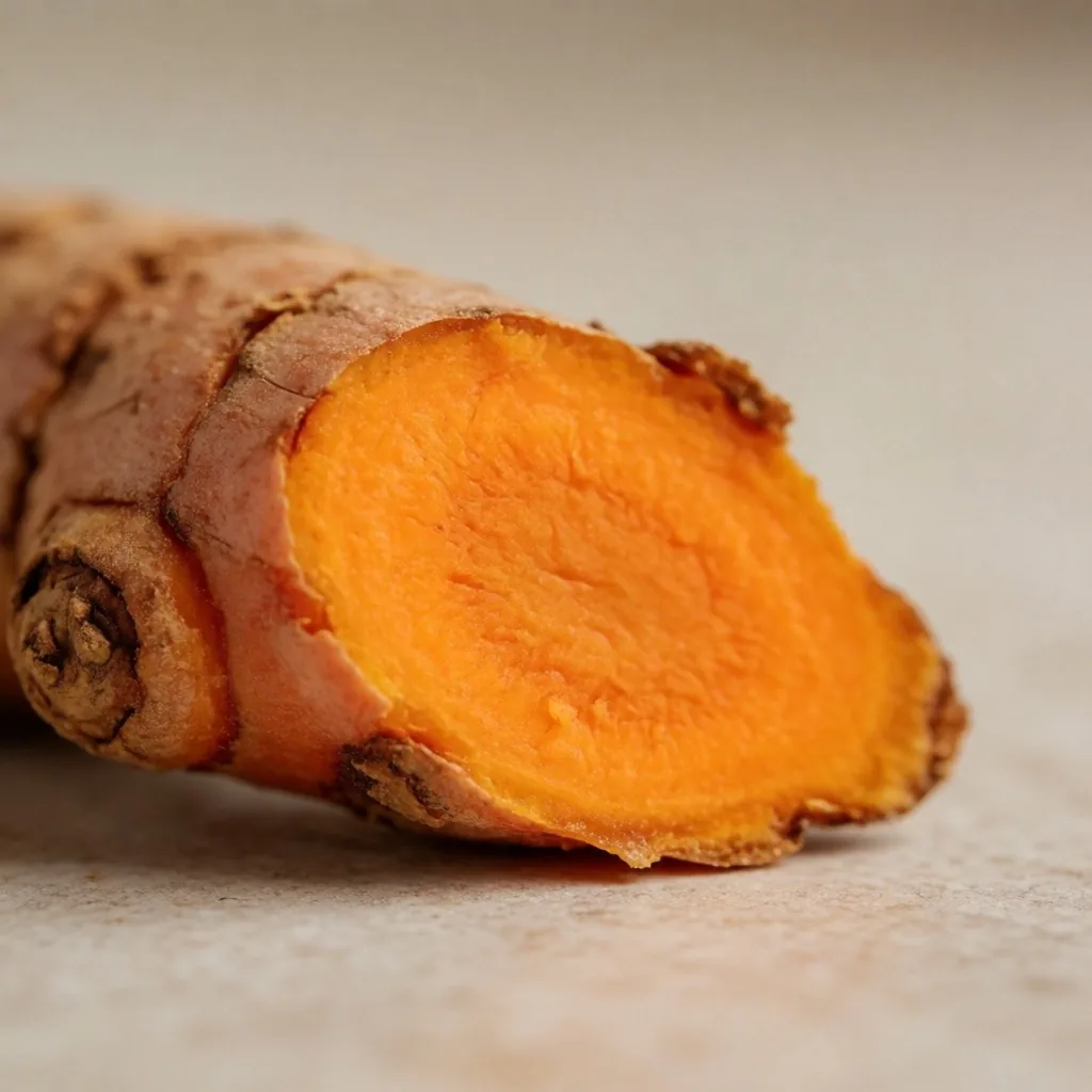 Fresh turmeric root on ceramic surface