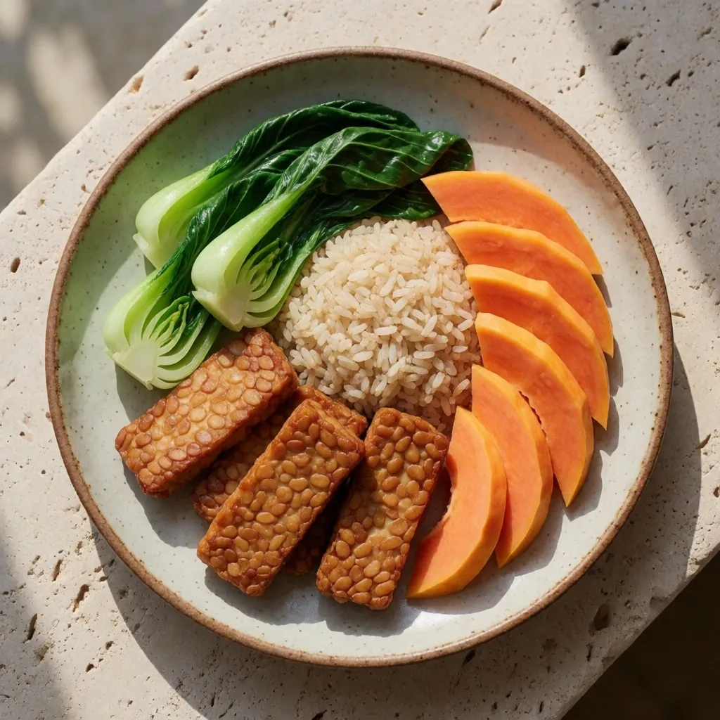 Local Indonesian produce on a ceramic plate, top-down view