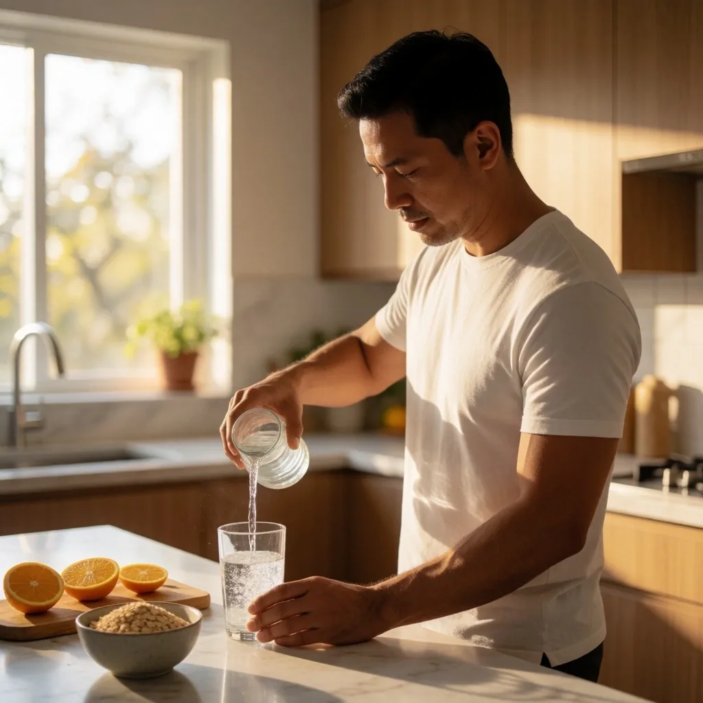 Man pouring water at a sunlit kitchen counter with fruit and oats nearby