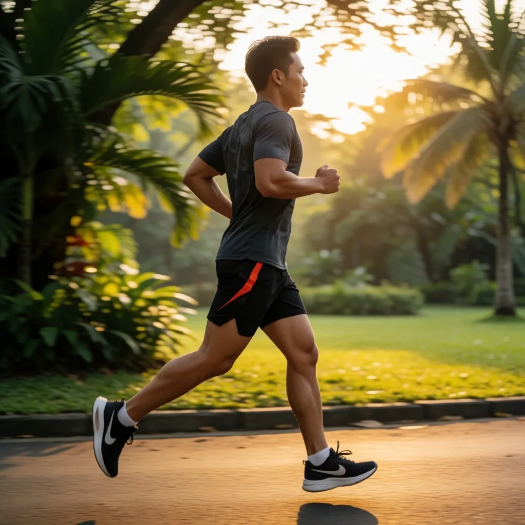 Man jogging along a tree-lined urban path at golden hour