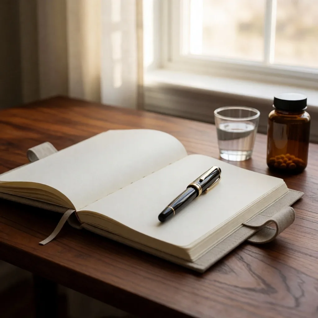 Open notebook on a desk with a pen and herbal tea in soft window light