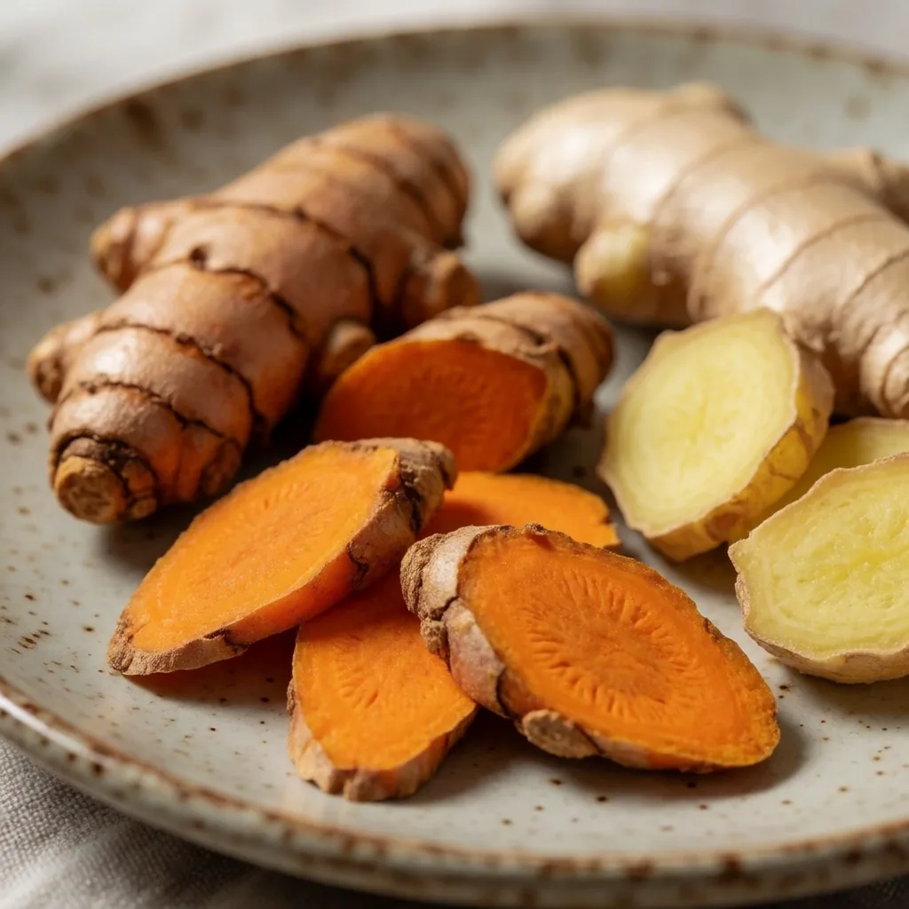 Fresh turmeric roots arranged on a ceramic surface