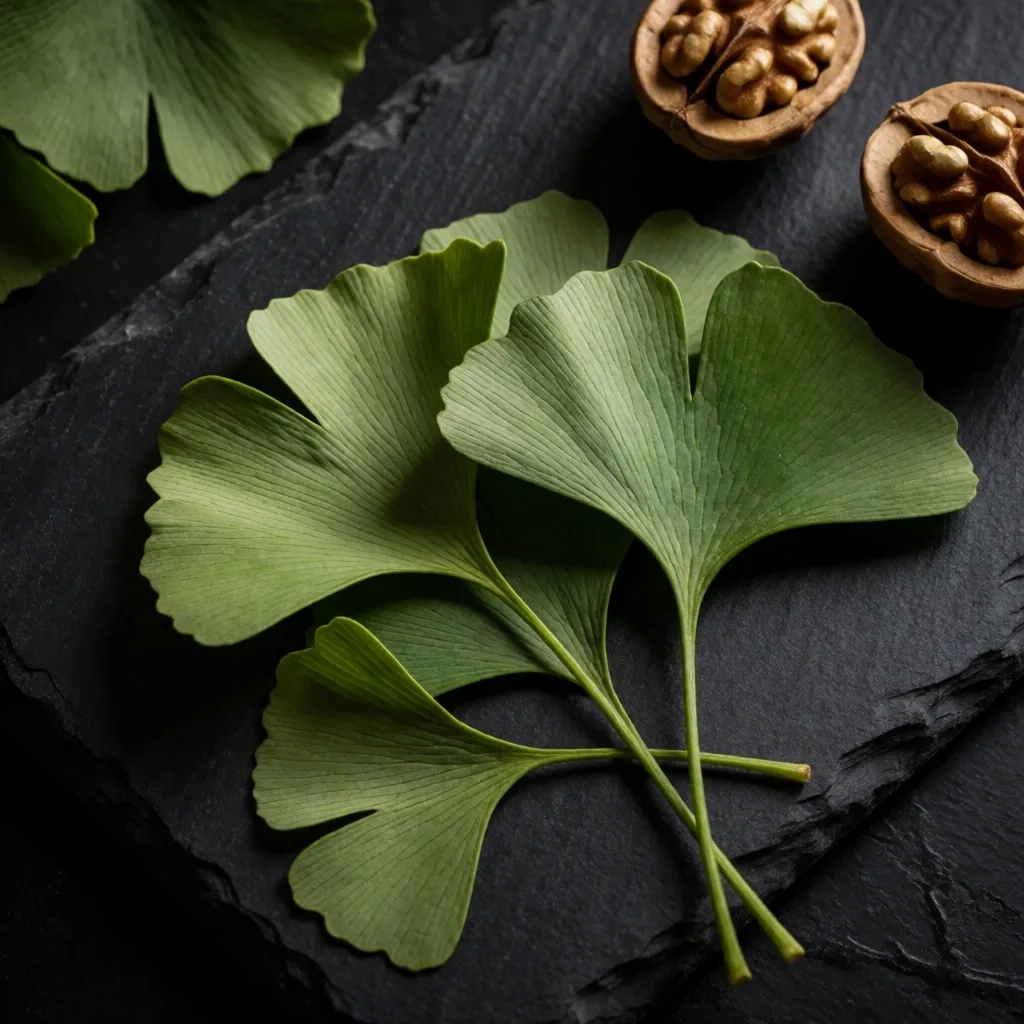 Ginkgo biloba leaves arranged on dark slate