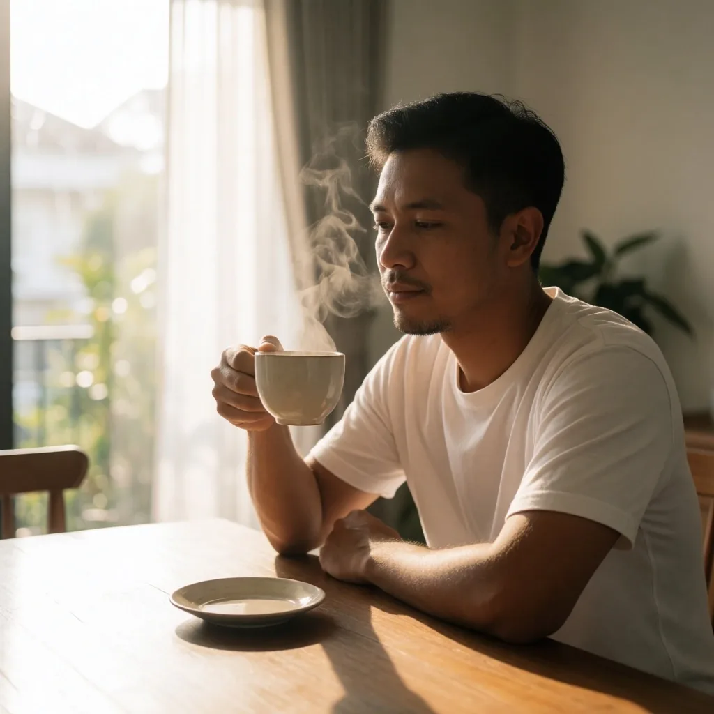 Indonesian man enjoying herbal tea in a bright Jakarta apartment