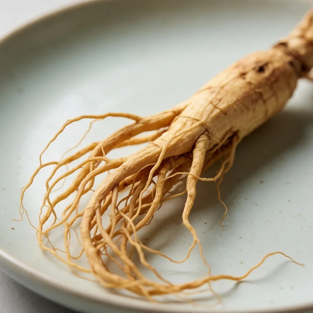 Aged ginseng root on porcelain plate