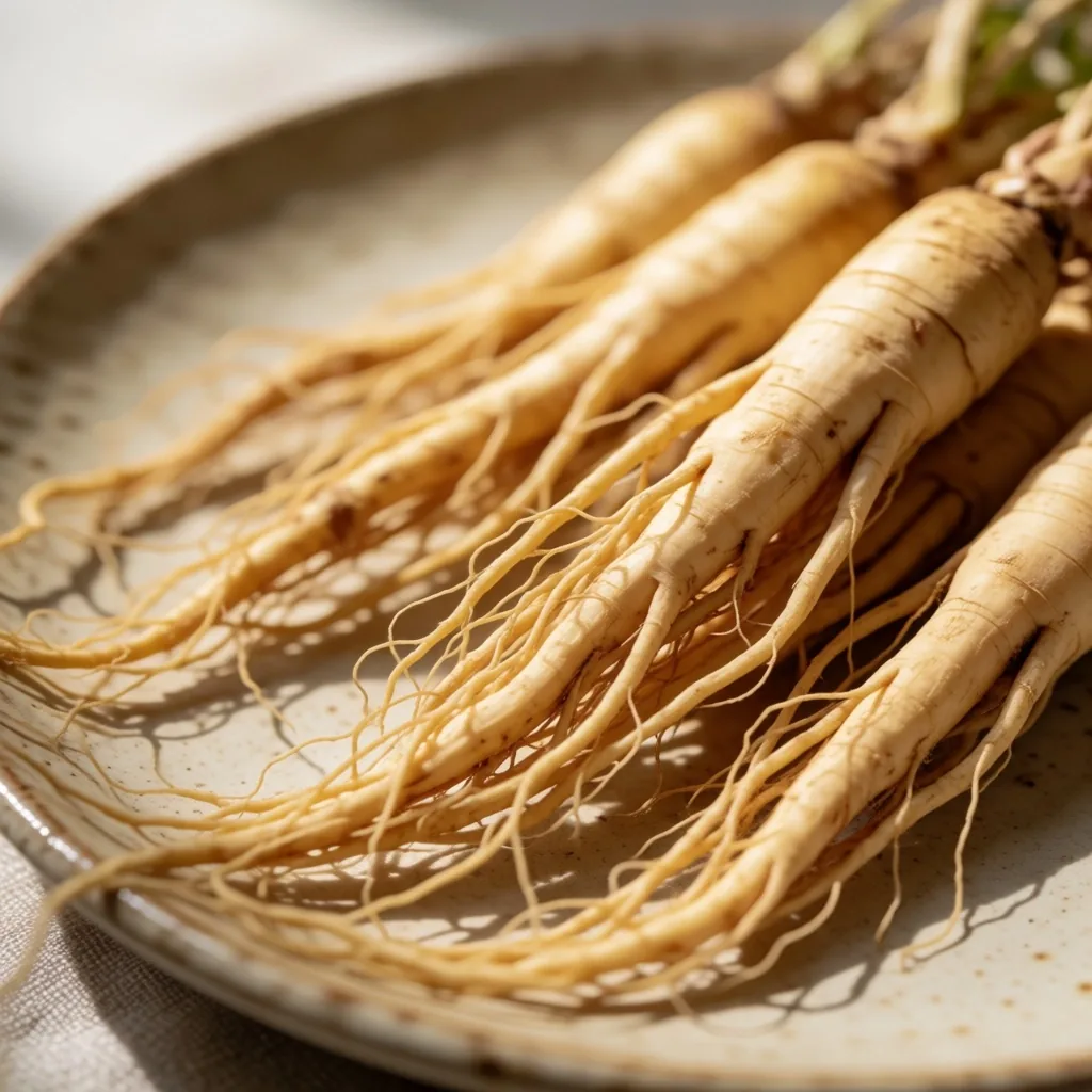 Fresh ginseng roots on ceramic surface