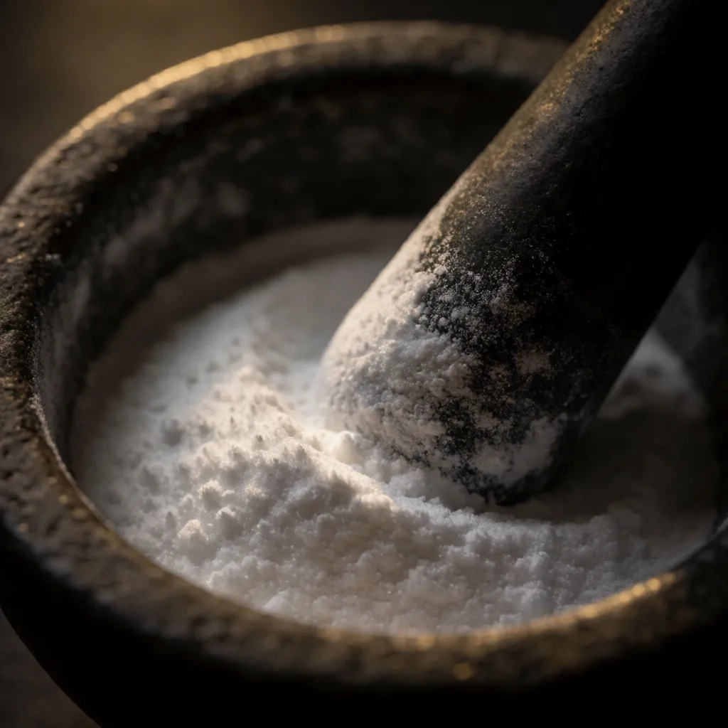 Magnesium powder in a dark ceramic mortar