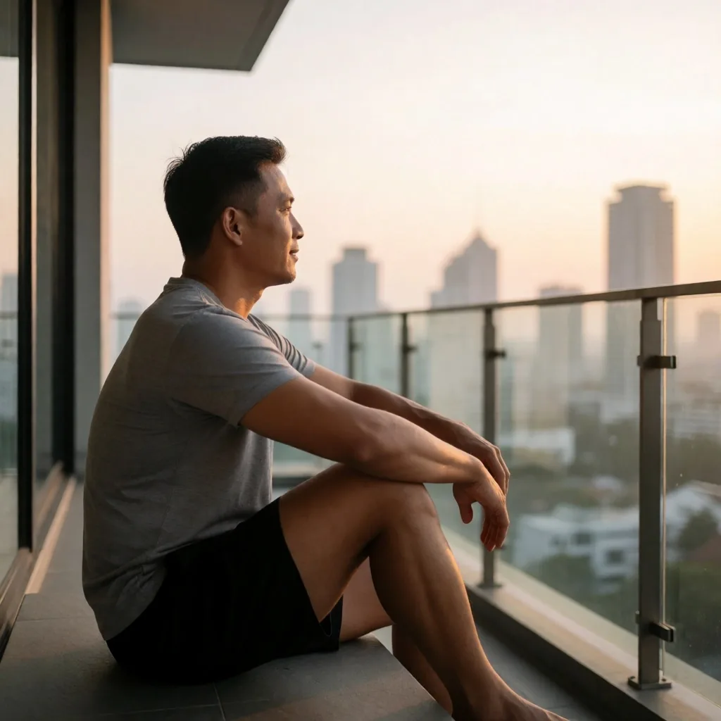 An Indonesian man sitting on a Jakarta apartment balcony in early morning light