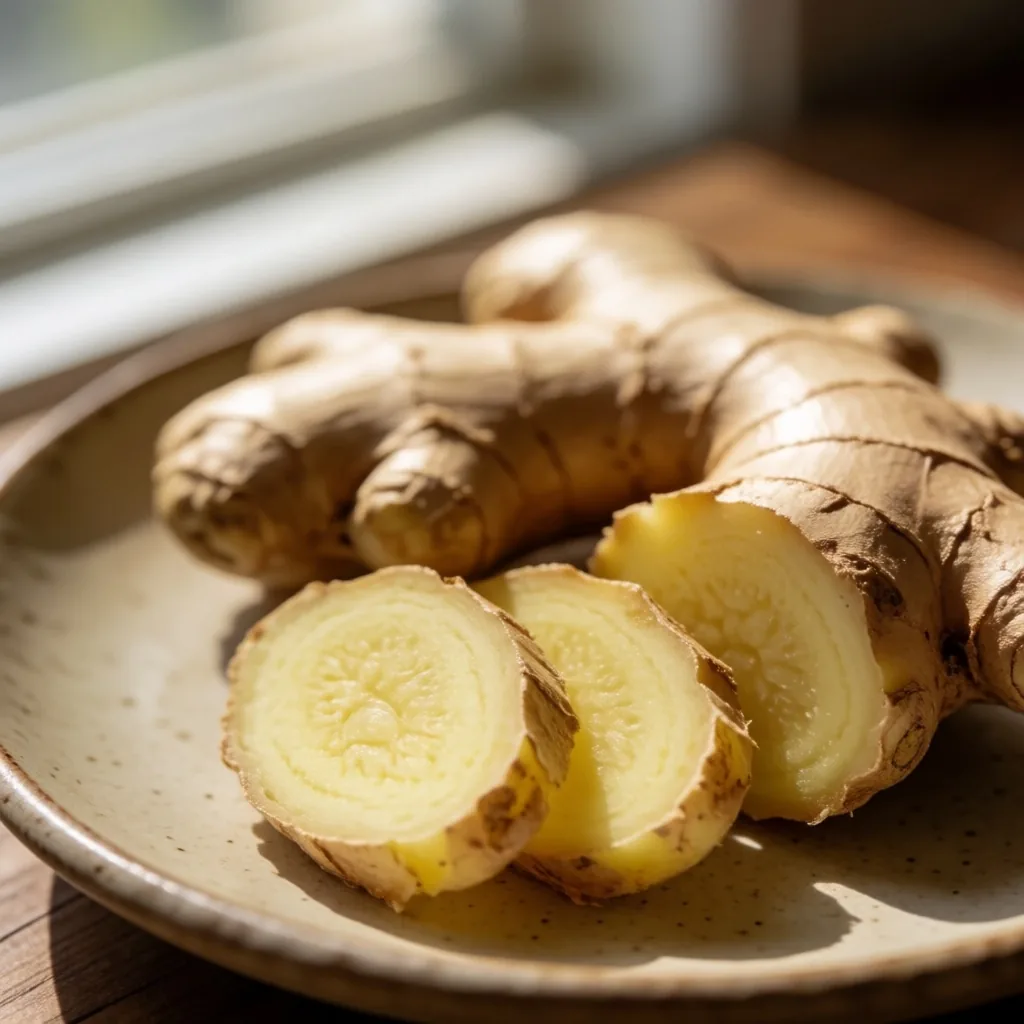 Fresh ginger root on ceramic plate