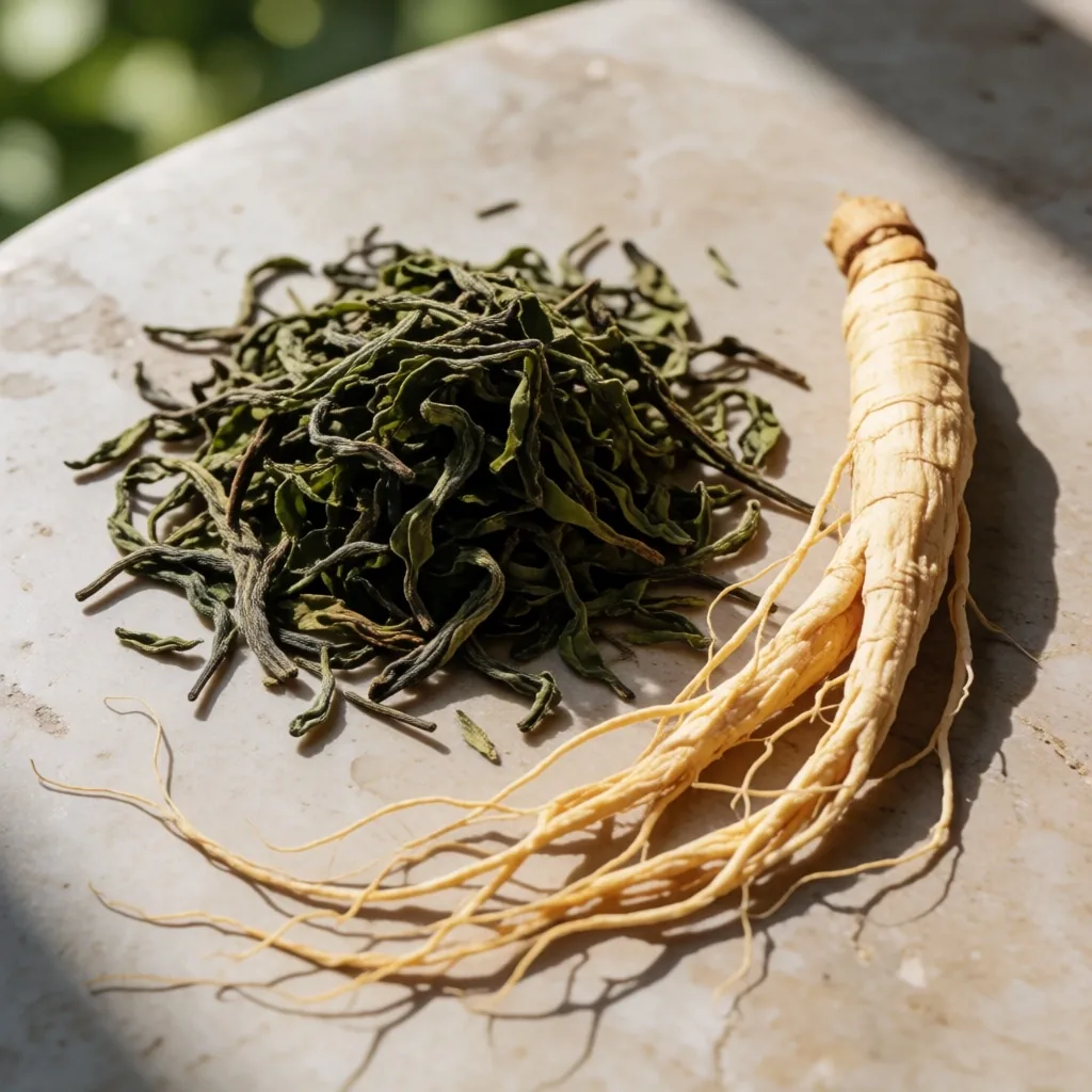 Fresh green tea leaves on a ceramic surface